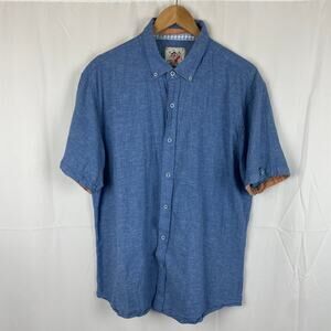 Marti Kat Men's Short Sleeve Button Down Linen Blend Blue Shirt 2XL (Fits XL)